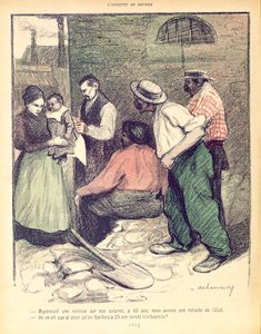 1902年7月8日の「L&39;Assiette au Beurre」からの漫画である、65歳での退職と州年金に資金を提供するための給与の税控除を議論している労働者のグループ